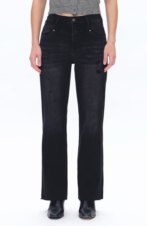 Raw Hem High Waist Relaxed Straight Leg Jeans
