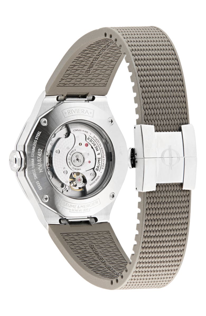 Baume & Mercier Riviera 10681 Automatic Moon Phase Rubber Strap Watch, 43mm, Alternate, color, Sand Coloured