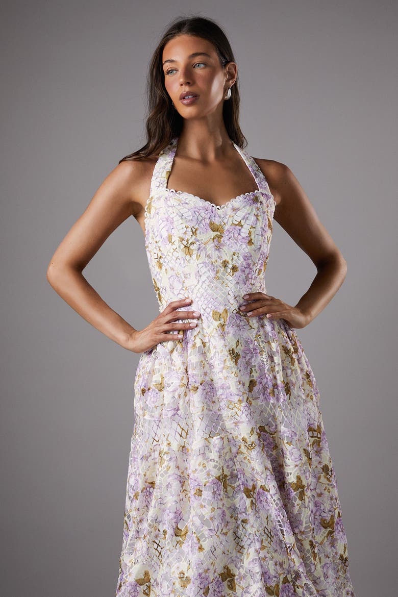 Printed Lace Halter Neck Midi Dress, Alternate, color, White