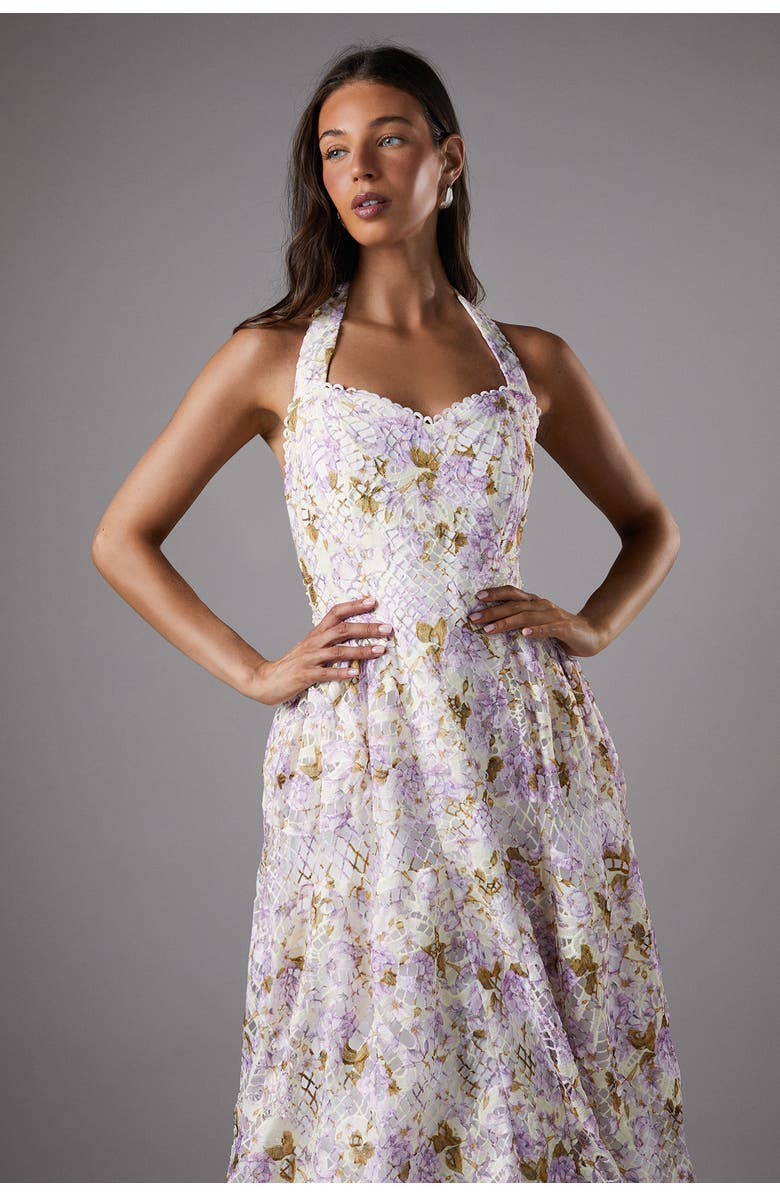 Coast Printed Lace Halter Neck Midi Dress, Alternate, color, White