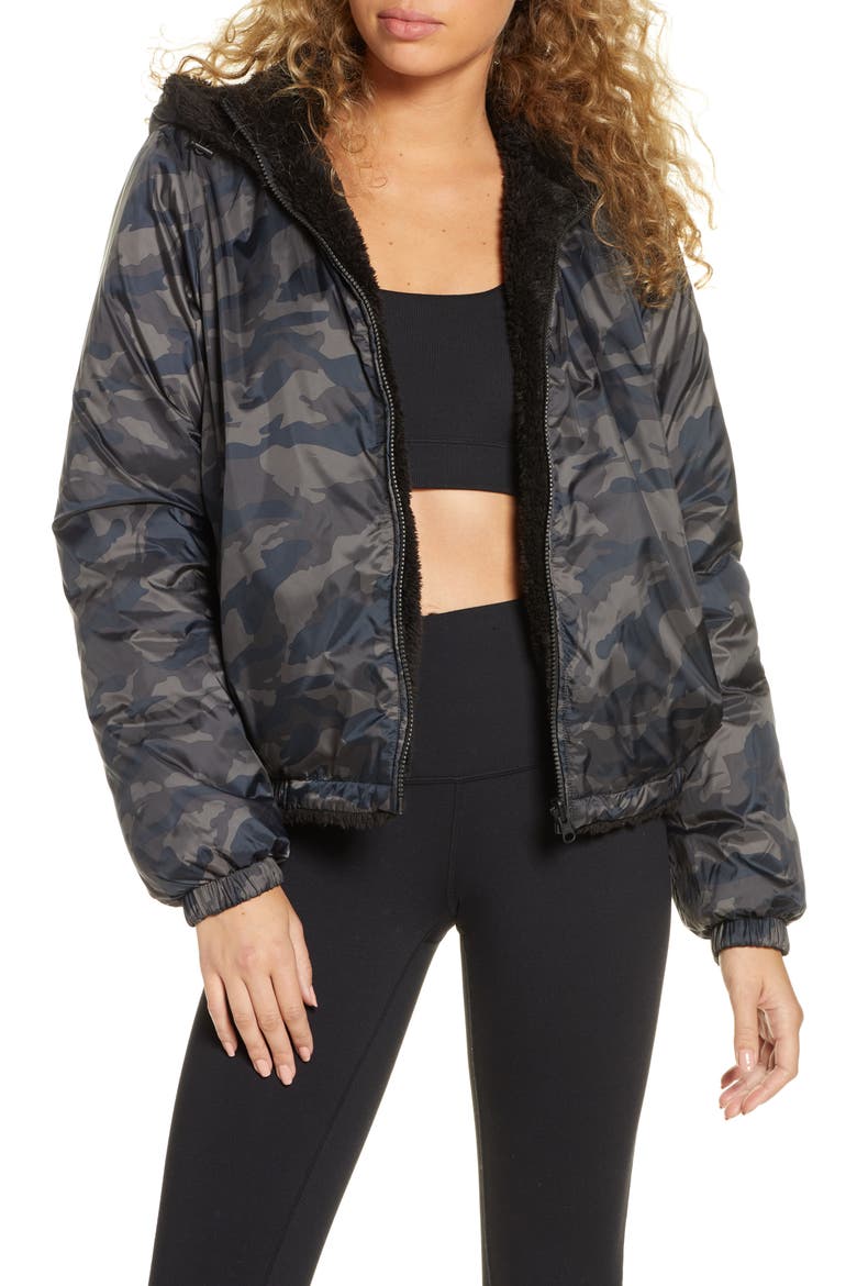 Reversible Faux Shearling Puffer Jacket, Main, color, BLACK CAMO PRINT