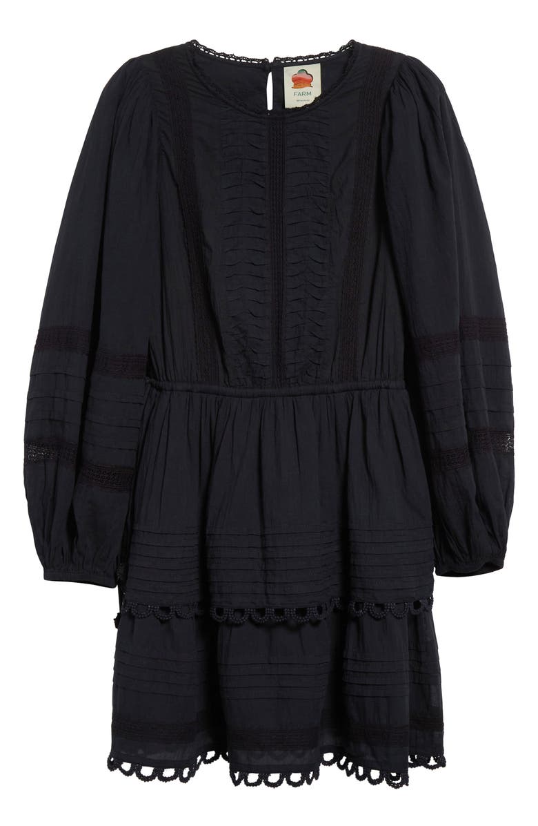 FARM Rio Pintuck & Lace Detail Long Sleeve Cotton Minidress, Alternate, color, Black