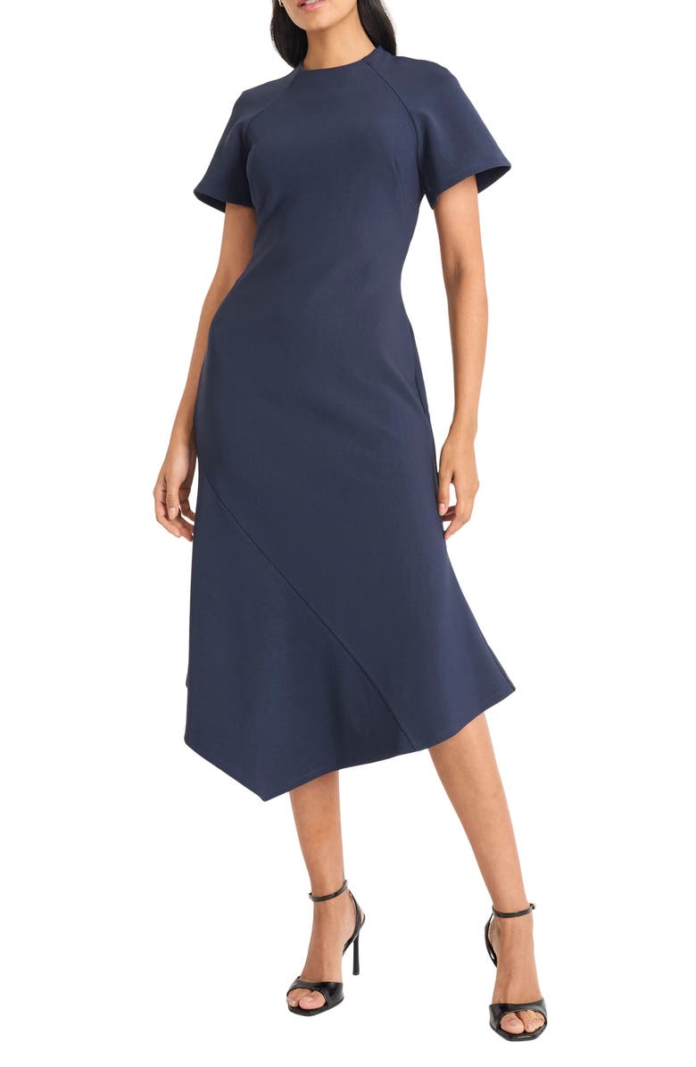 Maggy London Short Sleeve Asymmetric Hem Midi Dress, Main, color, Navy Blazer