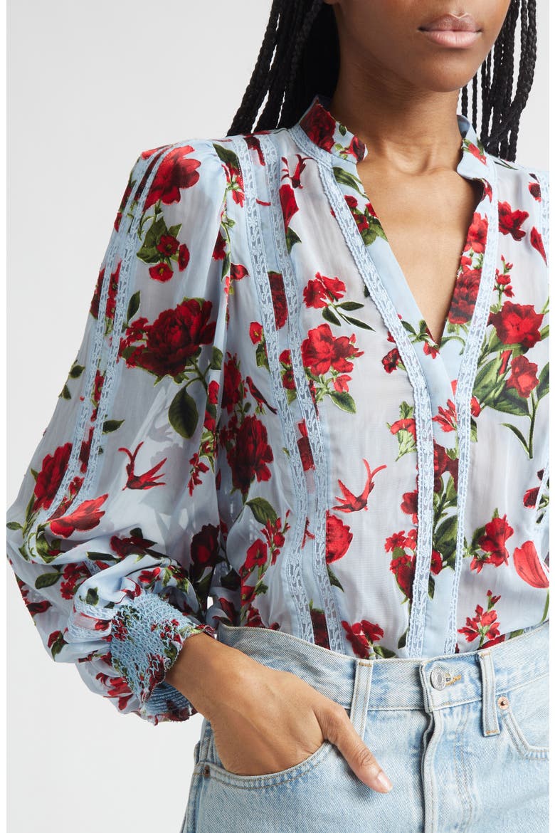 Arlette Floral Print Lace Trim Top, Alternate, color, AMERICAN BEAUTY CAROLINA BLUE