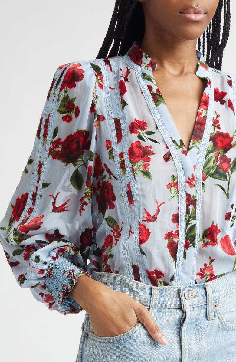 Alice + Olivia Arlette Floral Print Lace Trim Top, Alternate, color, American Beauty Carolina Blue