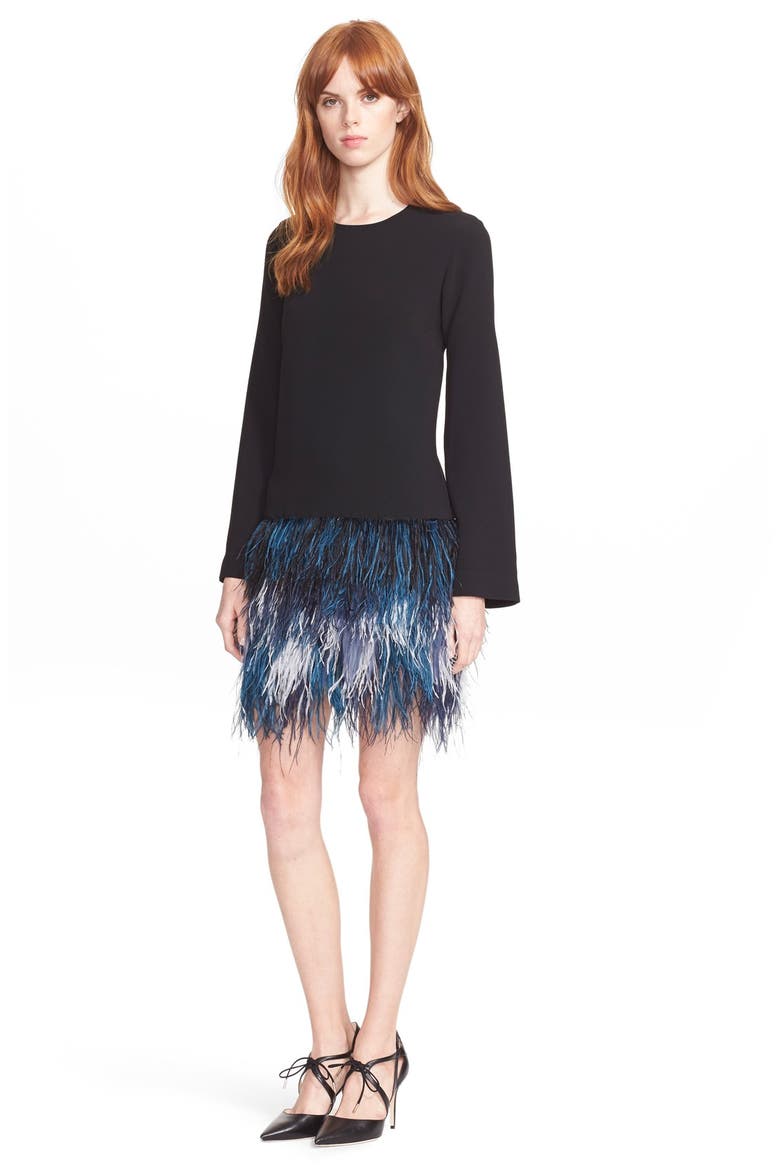 'Serena' Genuine Ostrich Feather Trim Dress, Main, color, BLACK/ OMBRE BLUE