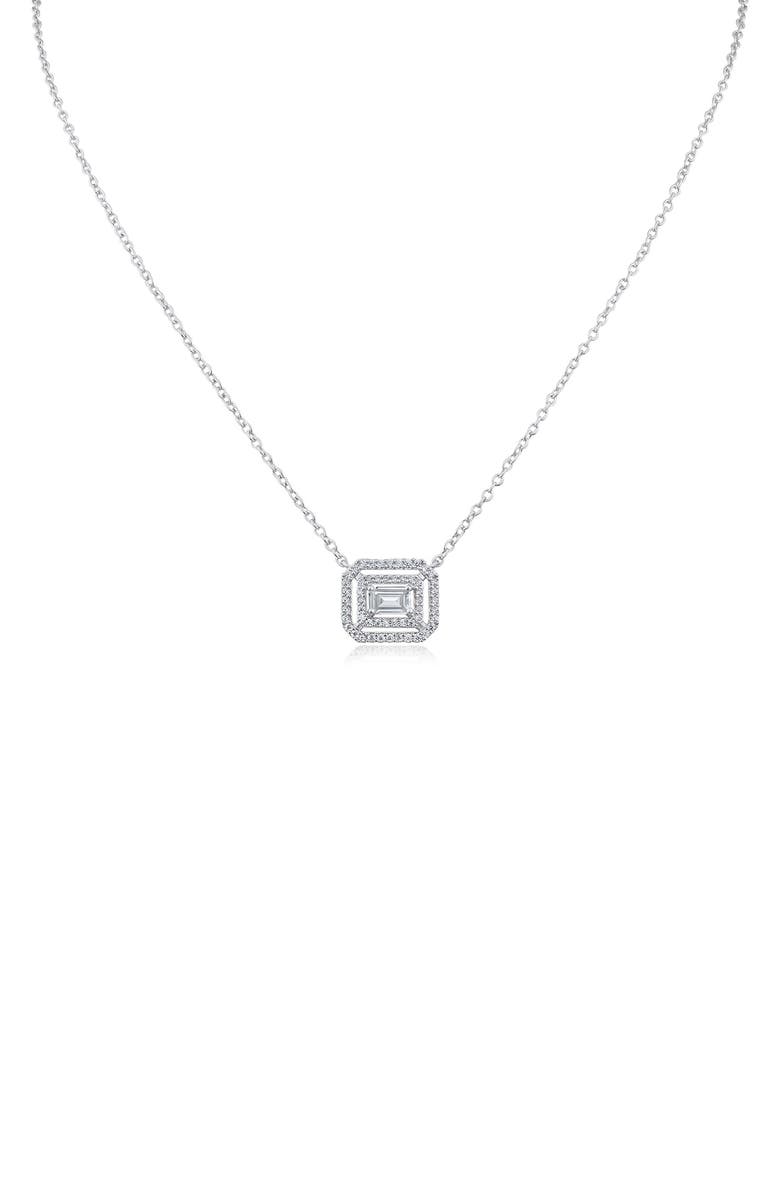 CZ by Kenneth Jay Lane Emerald Cut Cubic Zirconia Double Halo Pendant Necklace, Main, color, Clear Silver