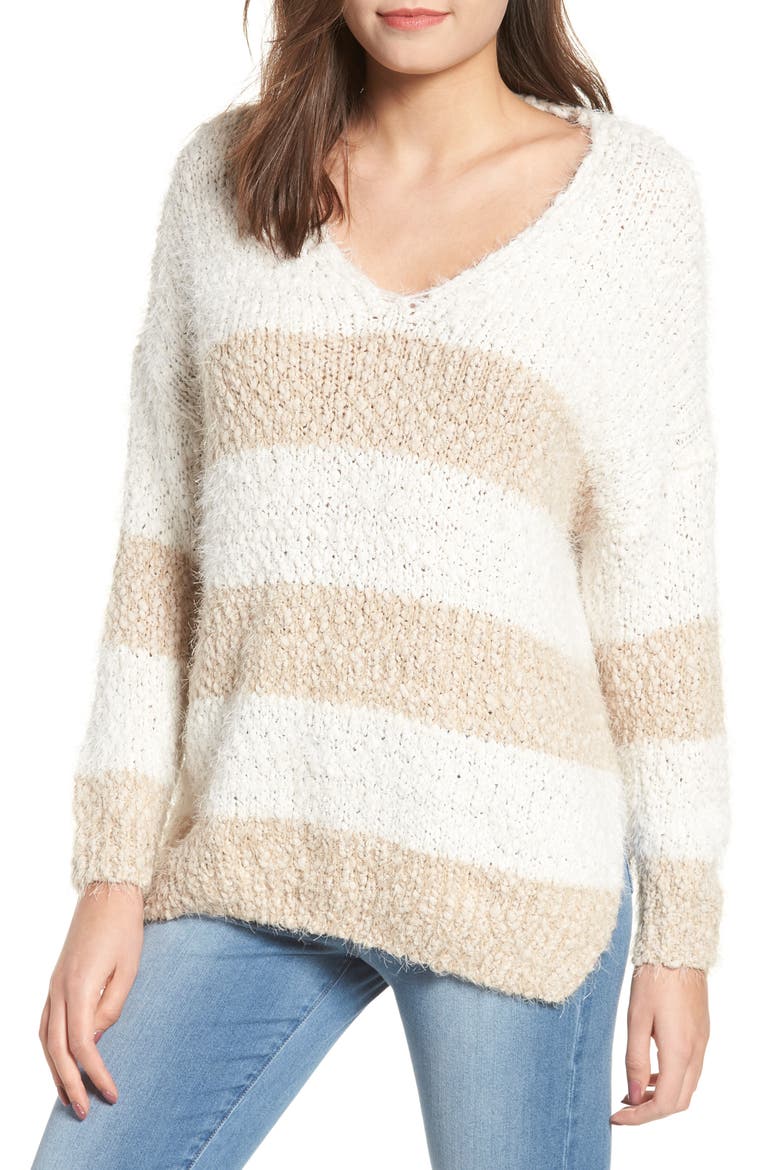 Eyelash Chenille Stripe Sweater, Main, color, IVORY/ TAN