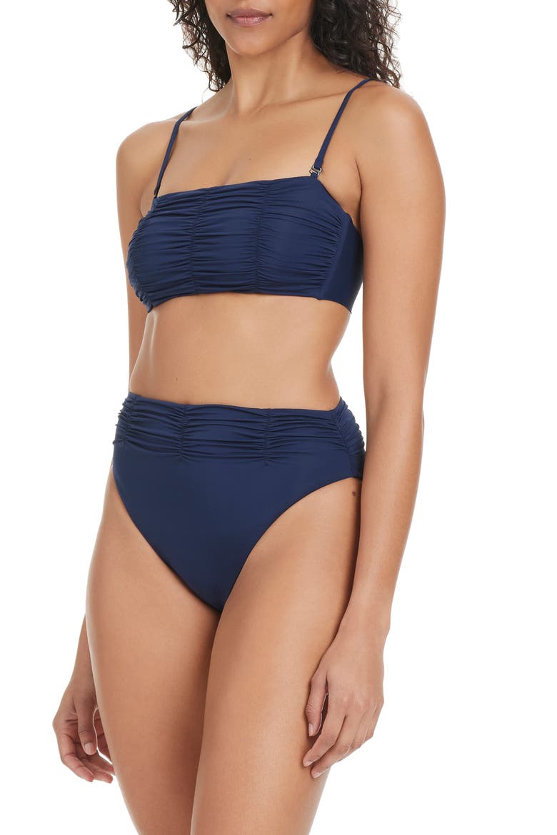 Shirred High Waist Bikini Bottoms, Alternate, color, NAVY MOOD
