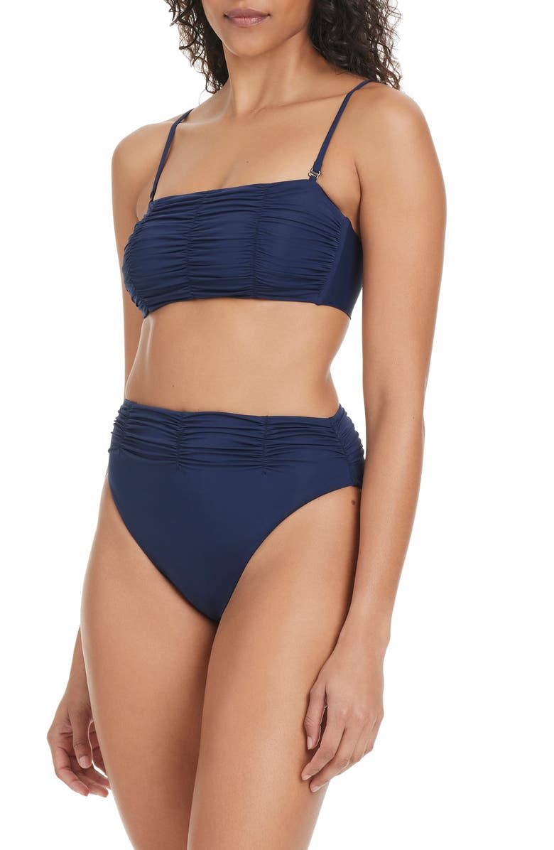 Sanctuary Shirred High Waist Bikini Bottoms, Alternate, color, Navy Mood