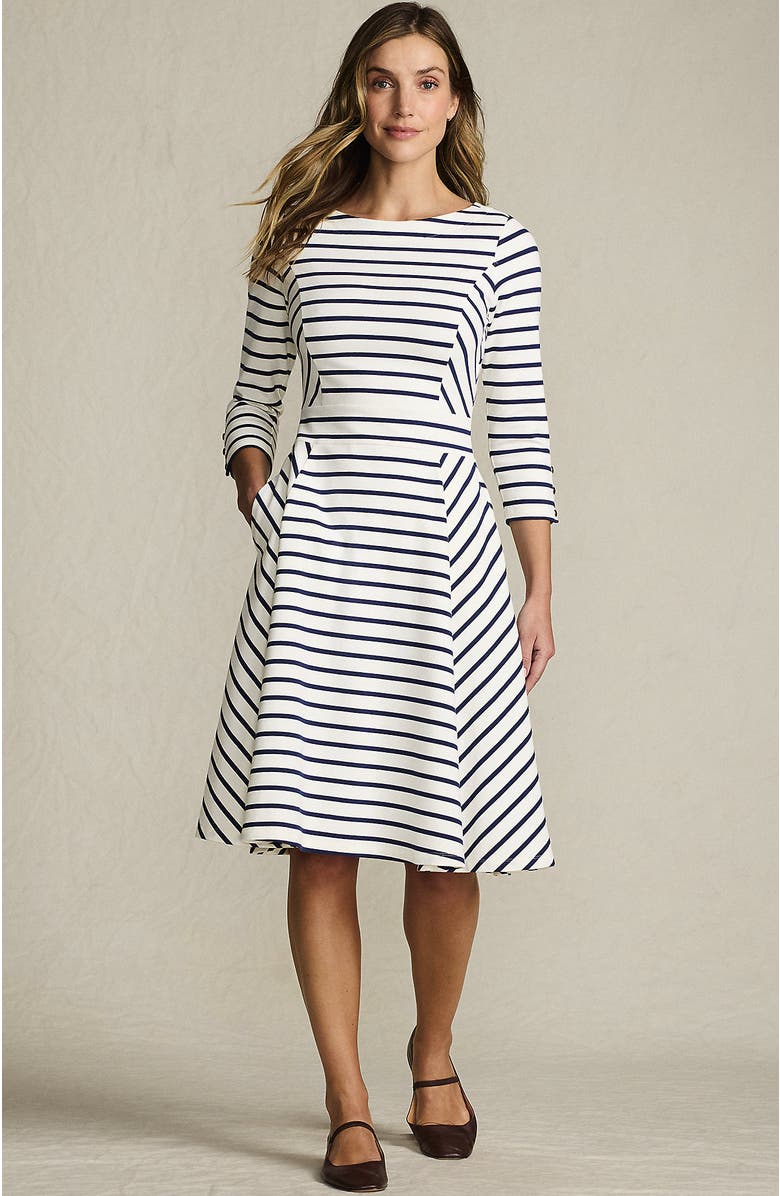 Lands' End Starfish 3/4 Sleeve Dress, Main, color, Ivory/Deep Sea Breton Stripe