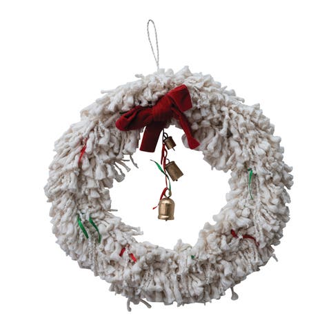 Handmade Cotton Blend Yarn Wreath with Red Bow, Red and Green Ribbons and Metal Bells, ivory