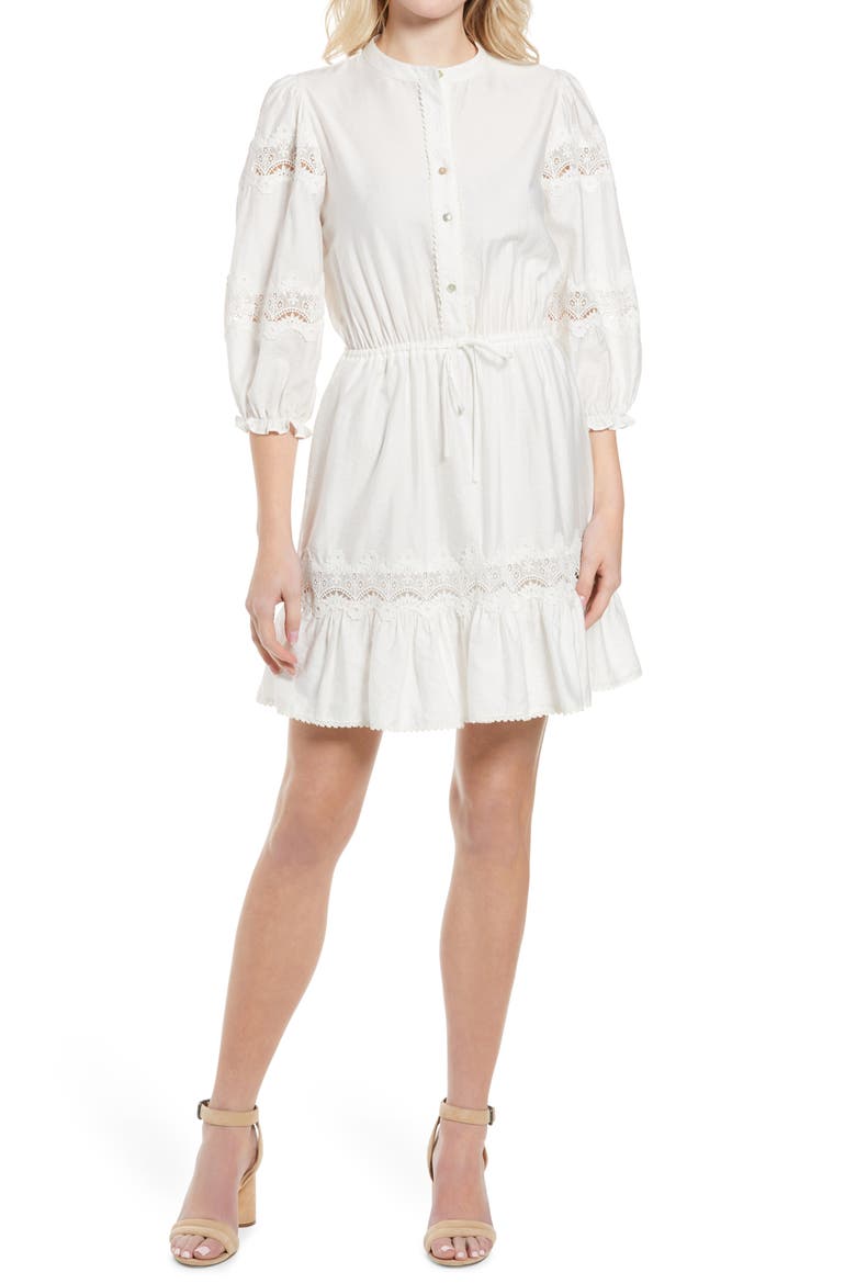 Elle Lace Inset Ruffle Hem Dress, Main, color, WHITE