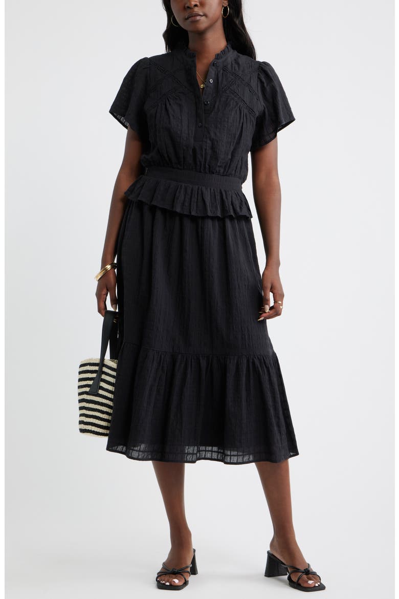 Lace Trim Peplum Midi Dress, Alternate, color, BLACK