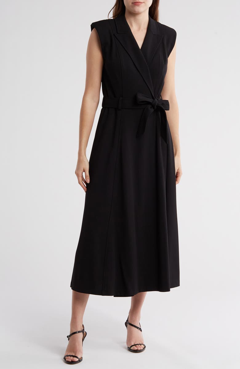 Calvin Klein Belted Peak Lapel Wrap Midi Dress, Main, color,