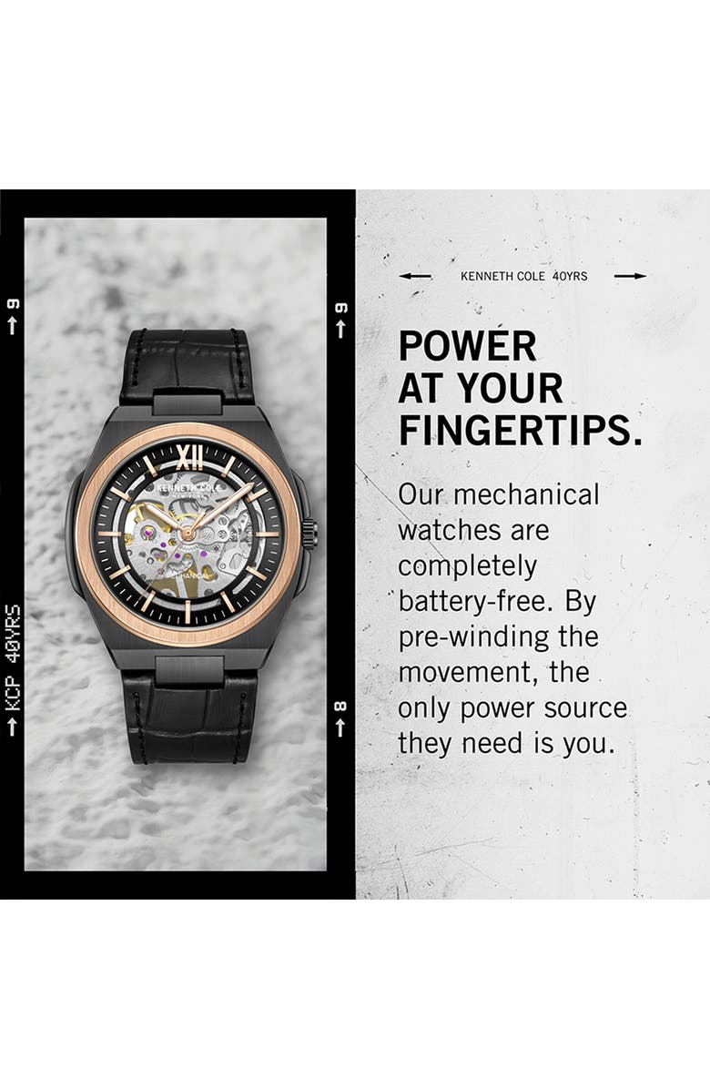 Kenneth Cole Mechanical Embossed Leather Strap Watch, 25mm, Alternate, color, 