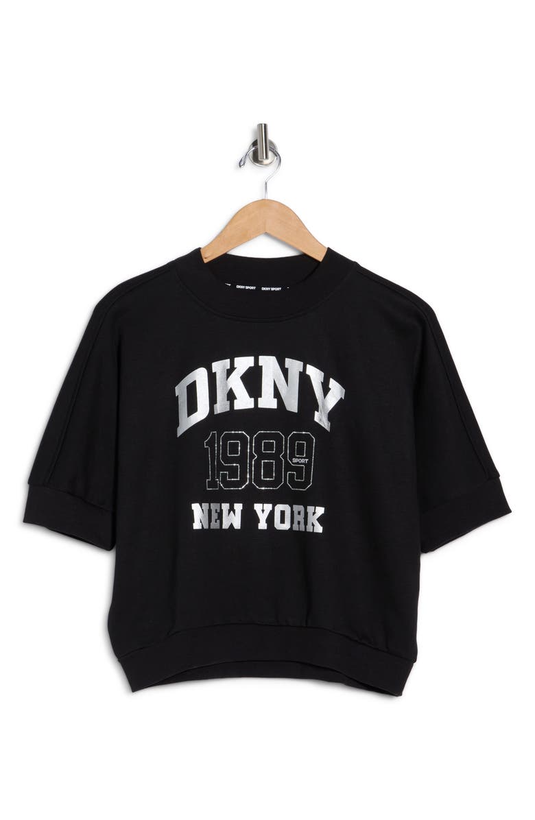 DKNY Rhinestone 1989 Logo Short Sleeve Crop Sweatshirt, Alternate, color, Black