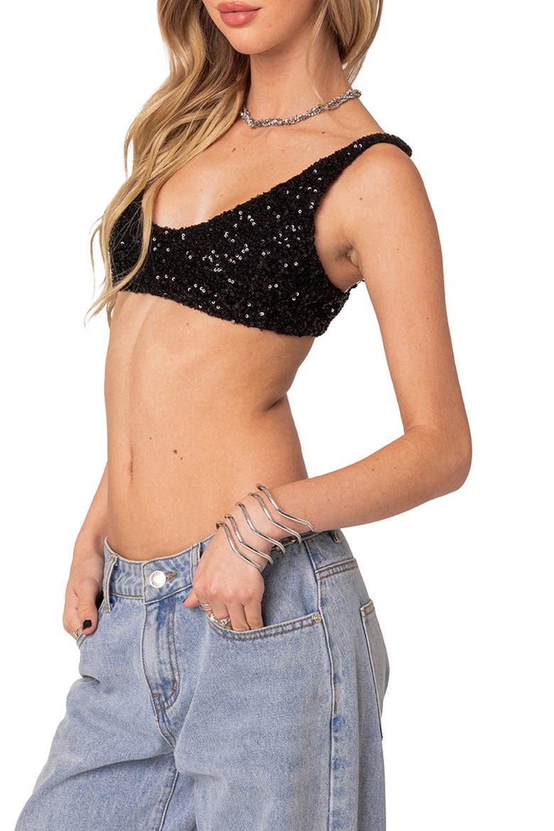 Oolala Sequin Bra Top, Alternate, color, BLACK