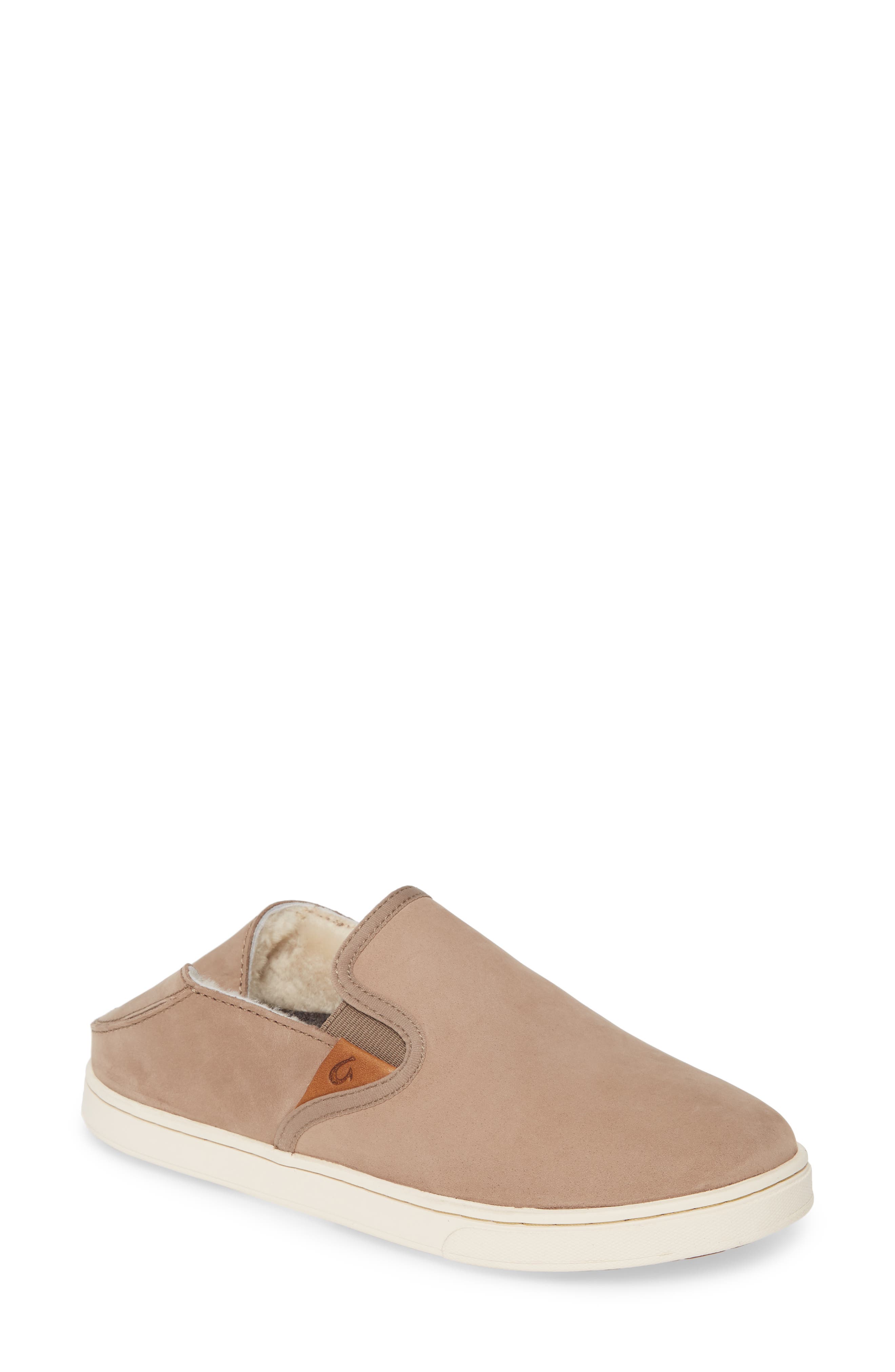 OluKai Pehuea Heu Genuine Shearling Waterproof Slip-On Sneaker, Alternate, color, Taupe Grey Leather