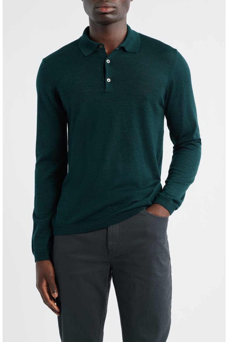 Long Sleeve Wool & Silk Polo Sweater, Main, color, FOREST GREEN