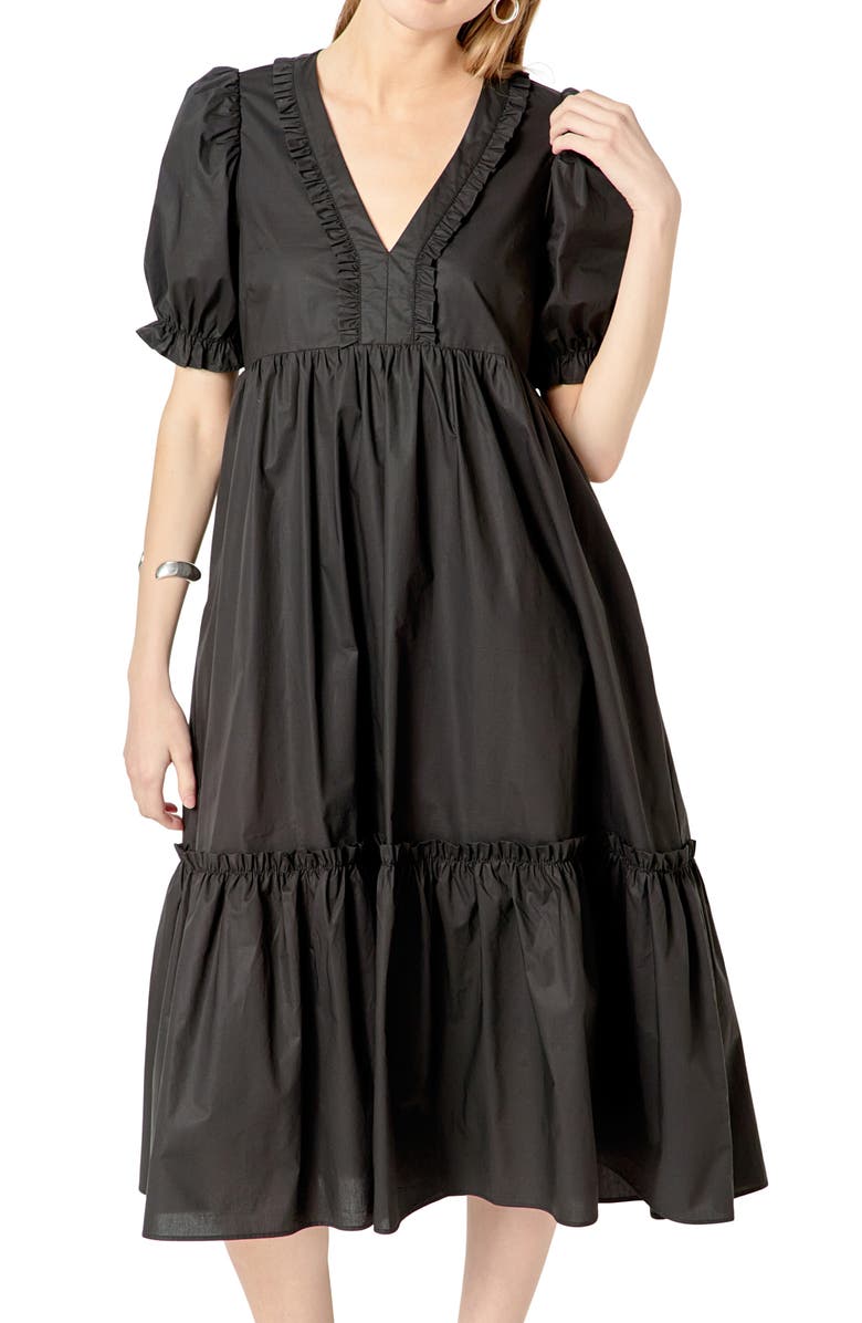 English Factory Puff Sleeve Empire Waist Tiered Cotton Midi Dress, Alternate, color, Black