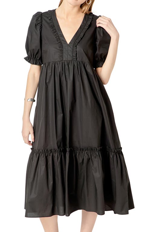 ENGLISH FACTORY ENGLISH FACTORY PUFF SLEEVE EMPIRE WAIST TIERED COTTON MIDI DRESS