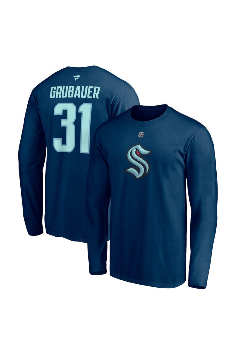 Men's Fanatics Branded Philipp Grubauer Deep Sea Blue Seattle Kraken Authentic Stack Name & Number Long Sleeve T-Shirt, Main, color, Navy