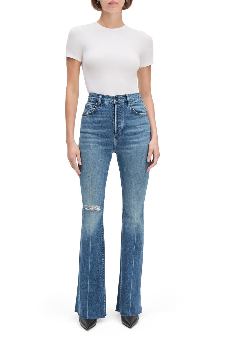 The Valentina High Waist Raw Hem Flare Leg Jeans, Alternate, color, BEACON