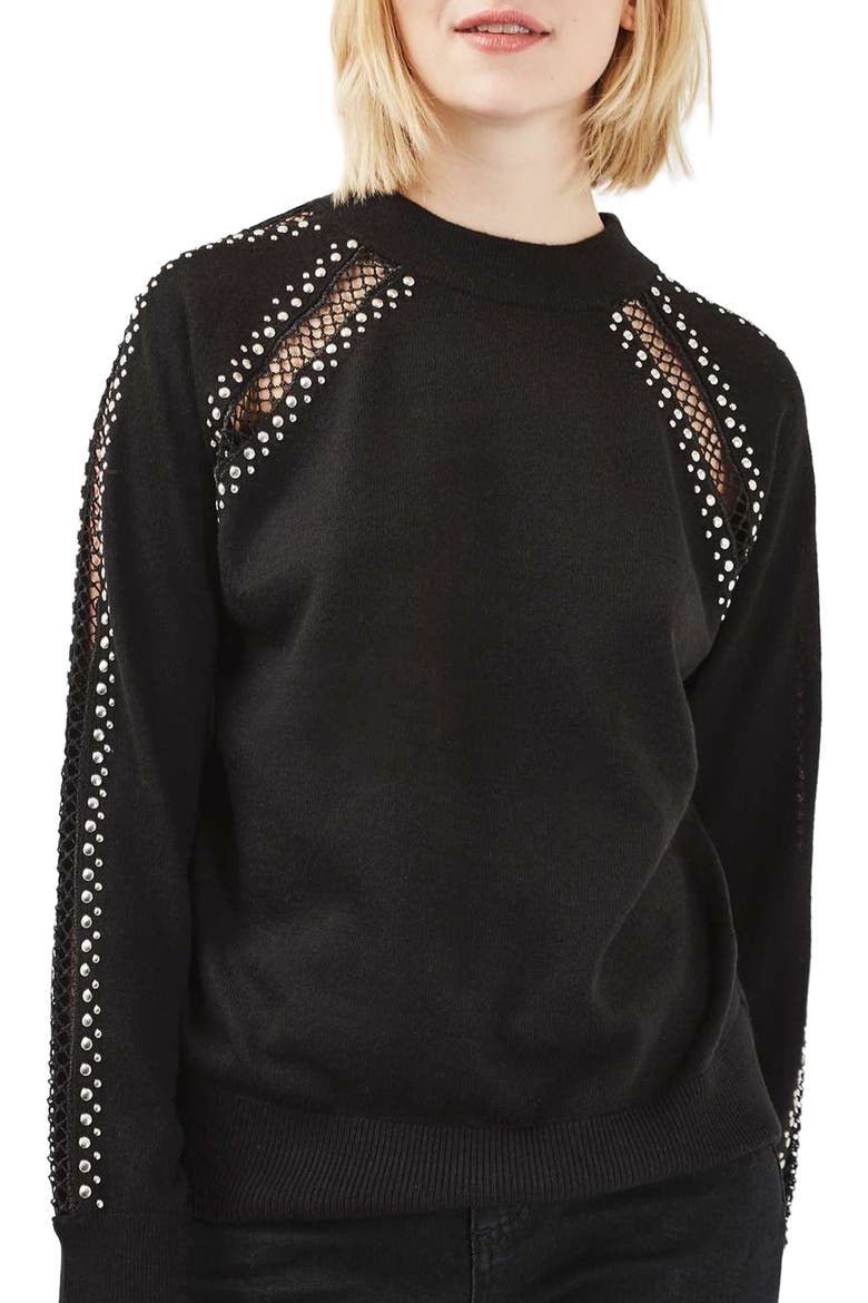 Stud Lattice Sweater, Main, color, BLACK
