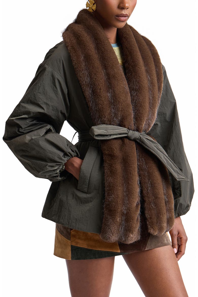 Balloon Belted Puffer Coat with Faux Fur Trim, Alternate, color, DARK FOREST/ MINK
