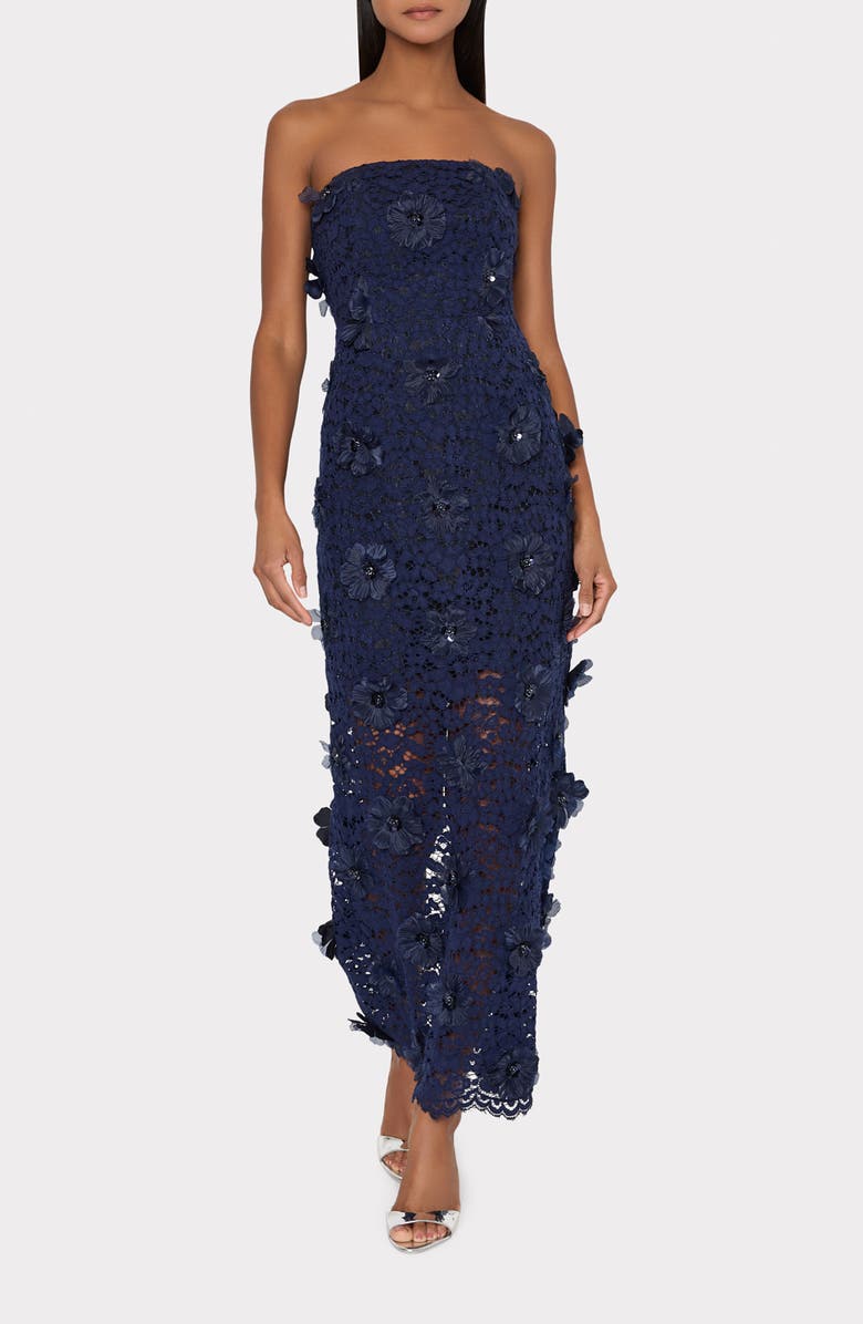 Milly Kait Floral Lace Sequin Strapless Gown, Main, color, Navy