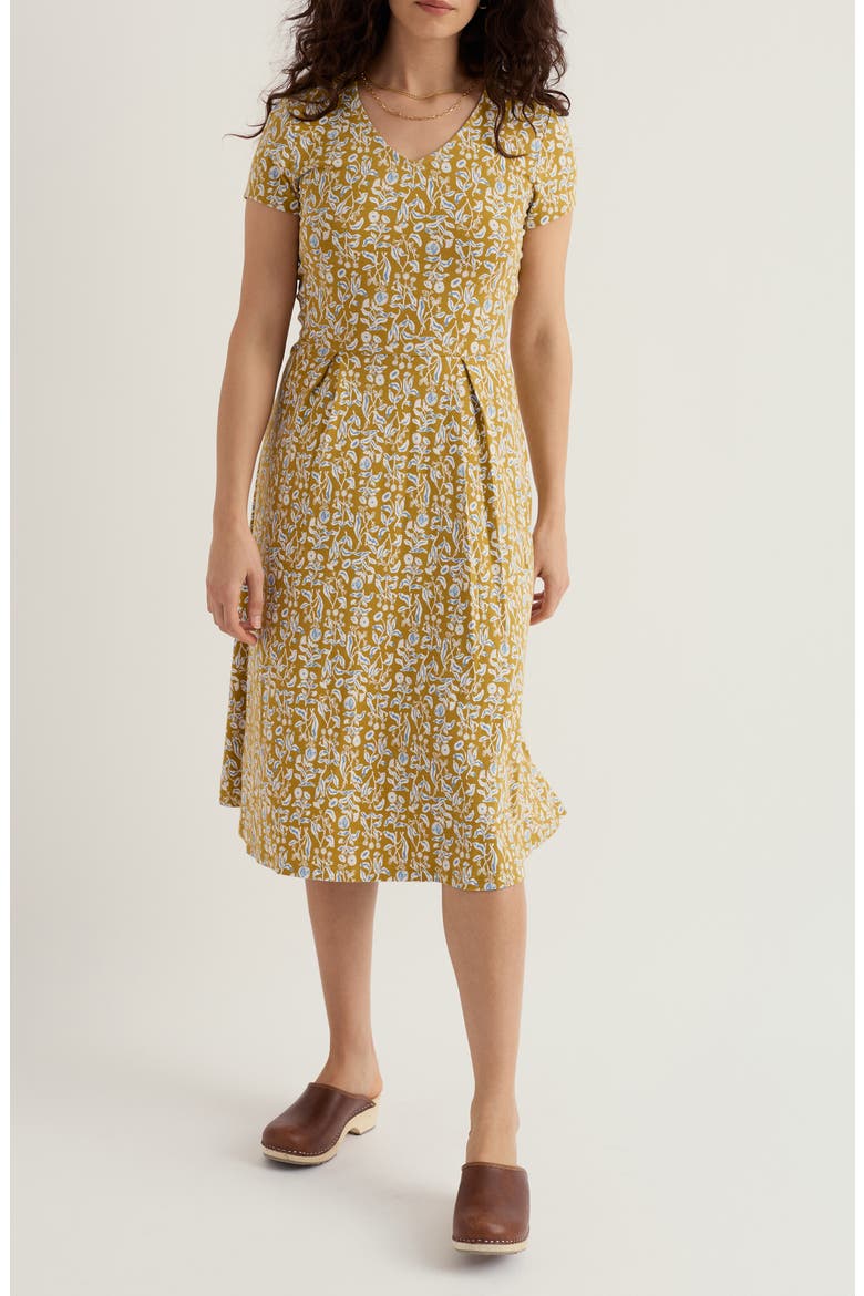 Pier View Print Flare Stretch Organic Cotton Dress, Main, color, INKY BOTANICAL TANSY