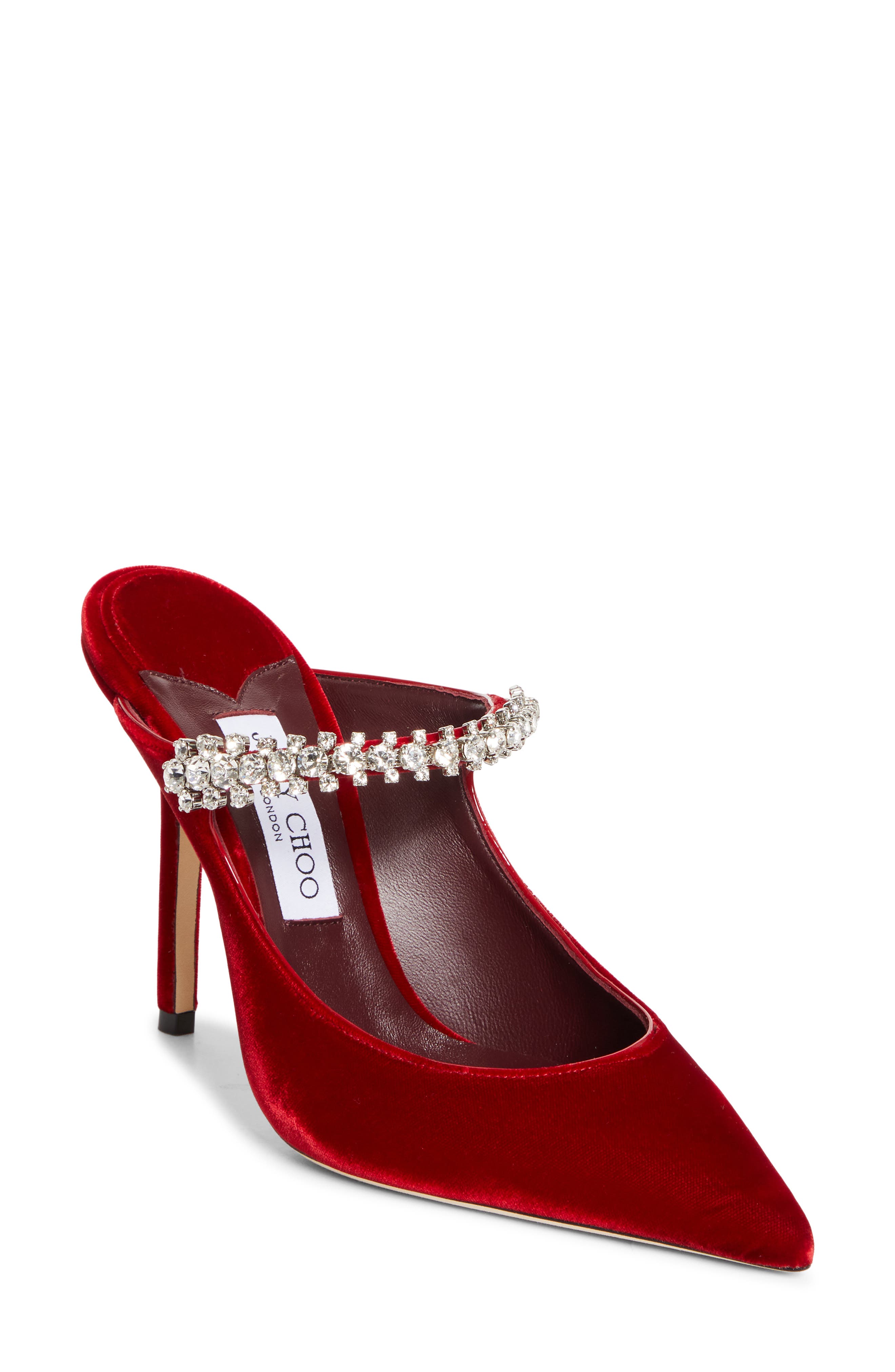 Jimmy Choo Bing Crystal Embellished Satin Mule, Main, color, Ruby Red