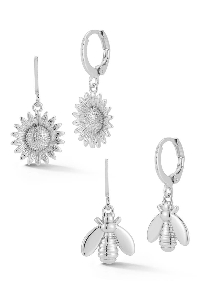 Set of 2 Bee & Sunflower Drop Huggie Hoop Earrings, Main, color, SILVER