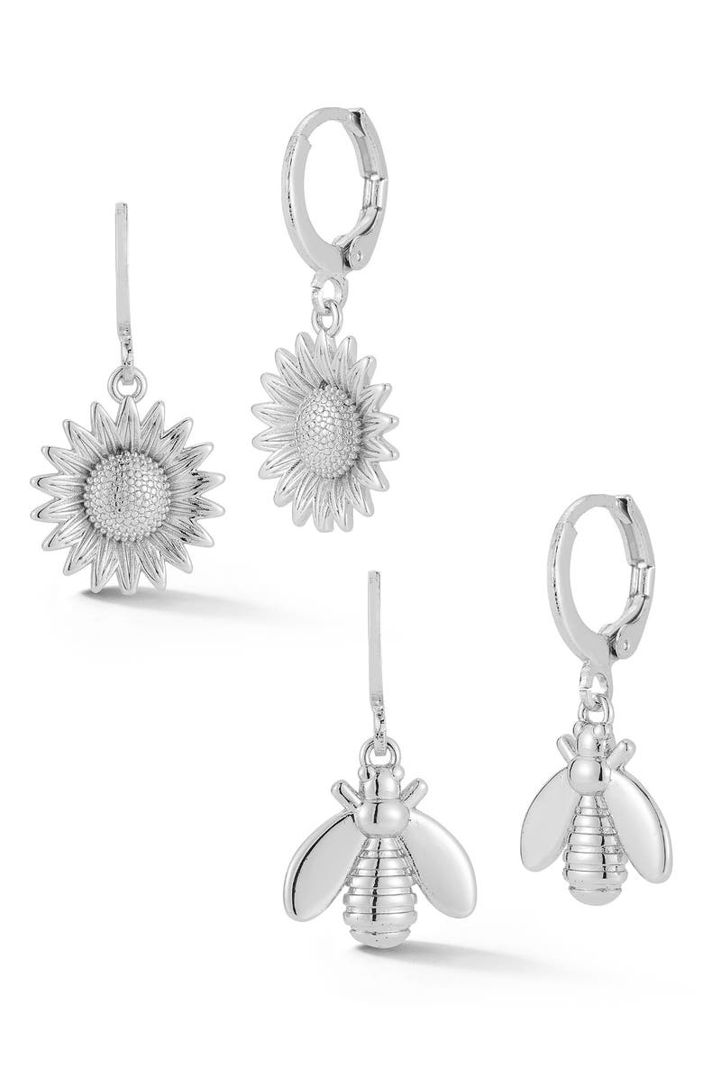 GLAZE JEWELRY Set of 2 Bee & Sunflower Drop Huggie Hoop Earrings, Main, color, Silver