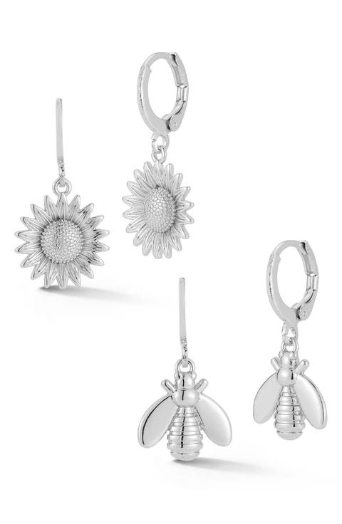 Set of 2 Bee & Sunflower Drop Huggie Hoop Earrings