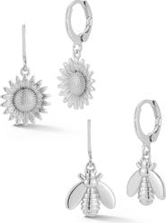GLAZE JEWELRY Set of 2 Bee & Sunflower Drop Huggie Hoop Earrings