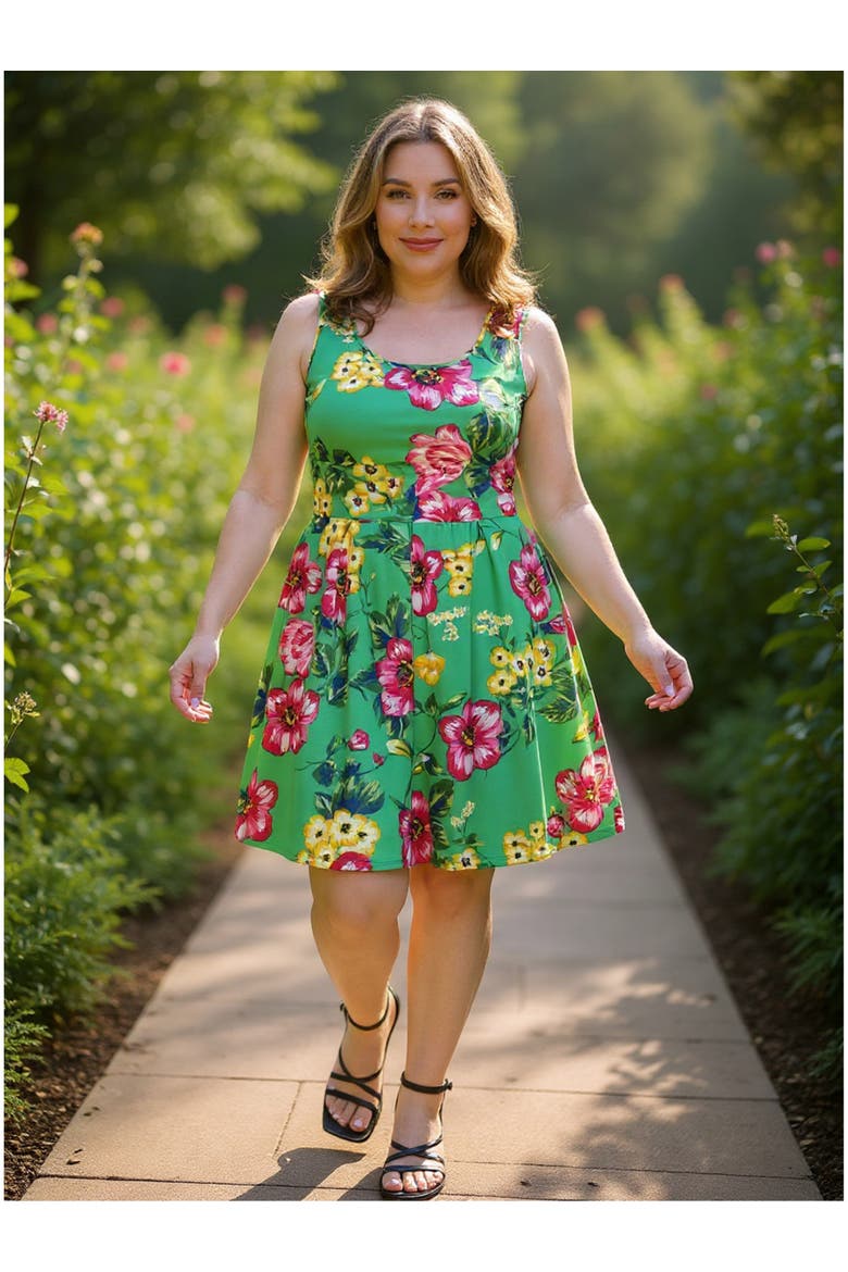 Plus Size Floral Sleeveless Pleated Pocket Skater Dress, Alternate, color, Green Multi