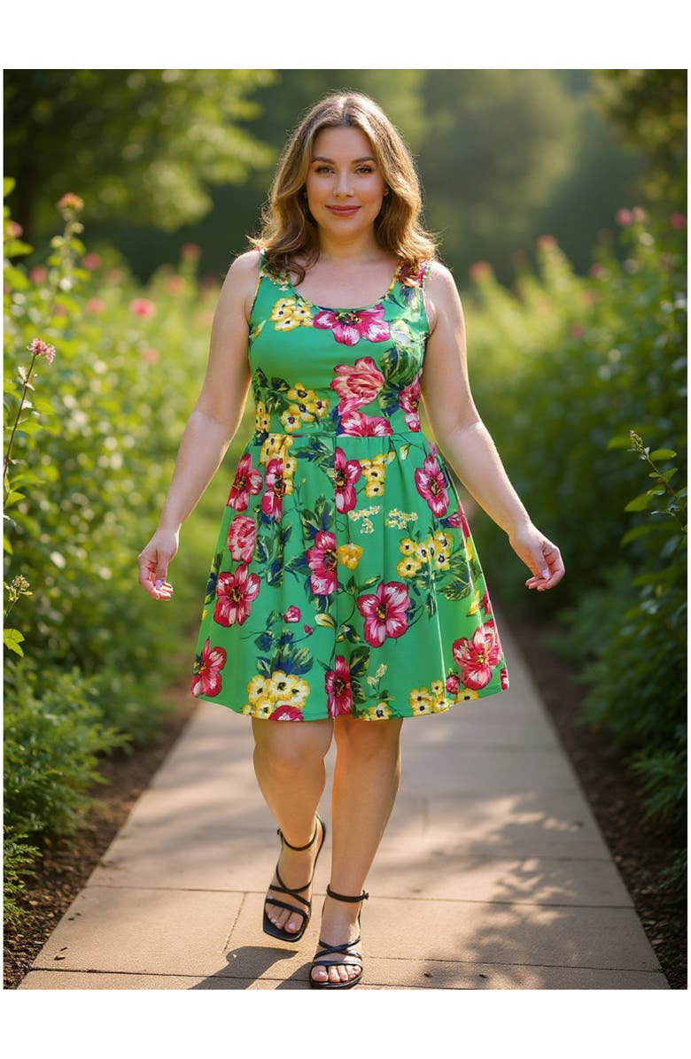 24seven Comfort Apparel Plus Size Floral Sleeveless Pleated Pocket Skater Dress, Alternate, color, Green Multi