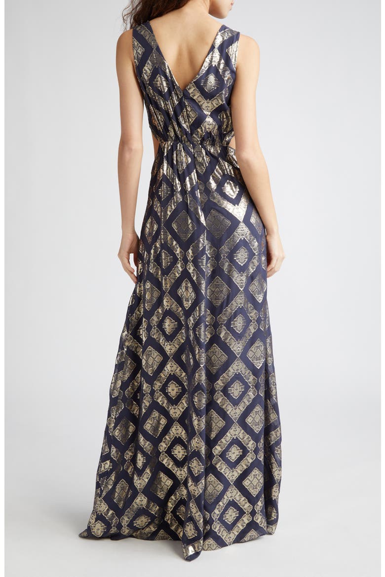 Irene Metallic Cutout Silk Blend Gown, Alternate, color, NAVY METALLIC JACQUARD