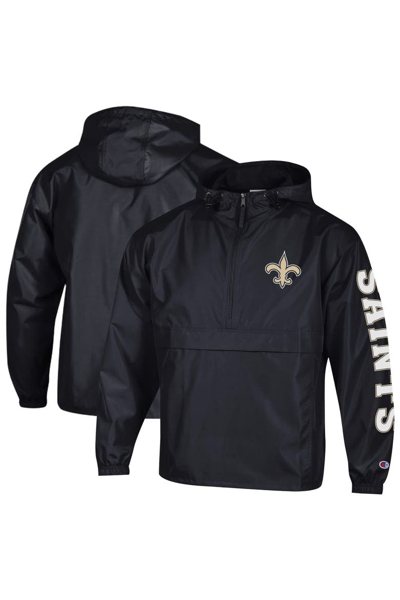 Men's Champion Black New Orleans Saints Packable Hooded Windbreaker Half-Zip Jacket, Main, color, Black