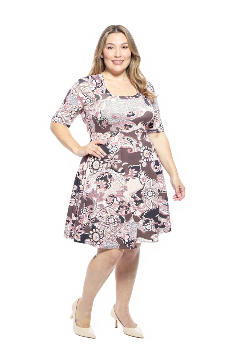 Plus Size Paisley Scoop Neck Elbow Sleeve Knee Length A-Line Dress, Alternate, color, Brown Multi