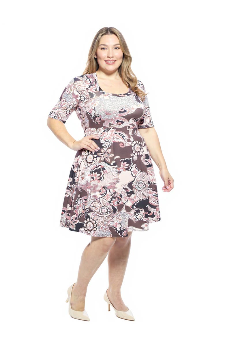 24seven Comfort Apparel Plus Size Paisley Scoop Neck Elbow Sleeve Knee Length A-Line Dress, Alternate, color, Brown Multi