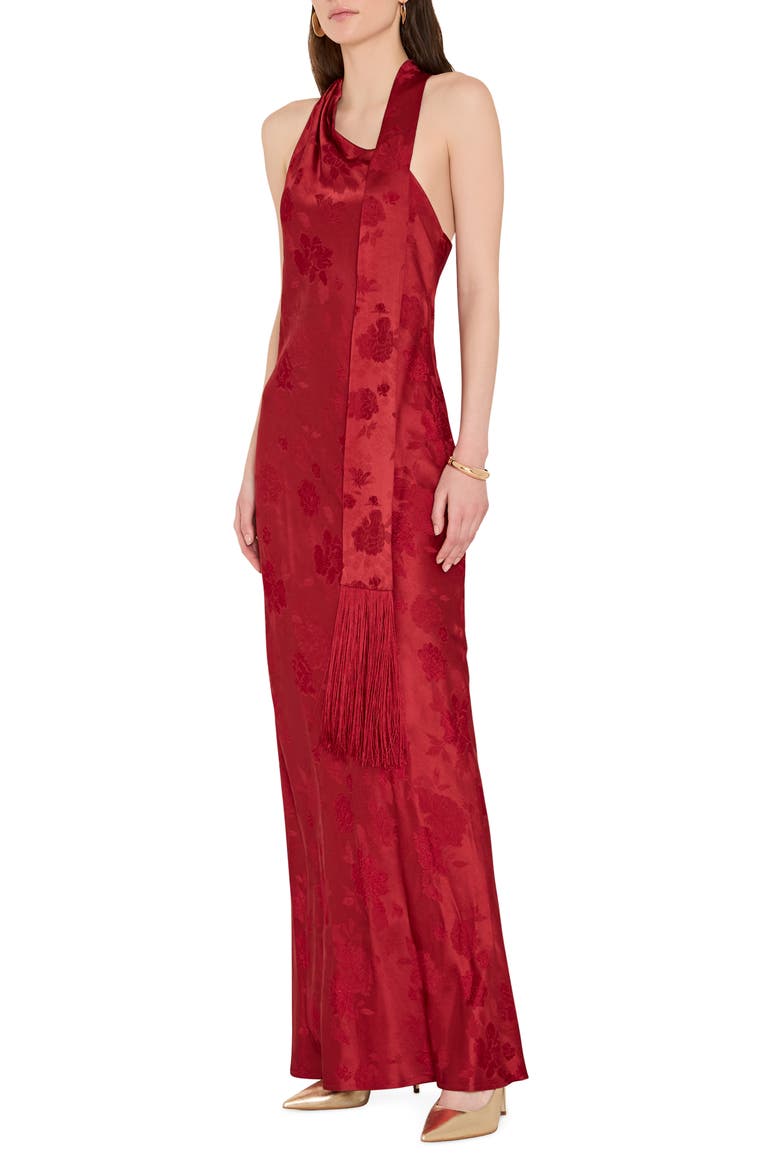 Sonya Scarf Fringe Sleeveless Gown, Alternate, color, RUST