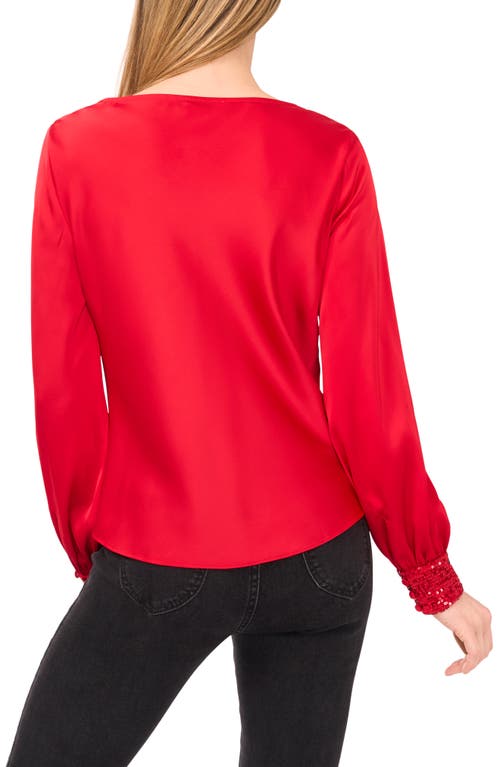 Cece Cowl Neck Sequin Cuff Charmeuse Top In Red