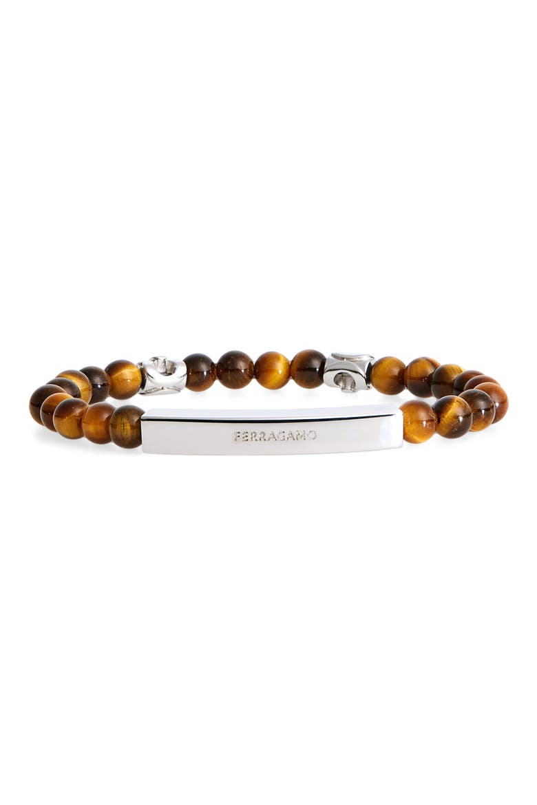 Men's Logo Plate Tiger's Eye Beaded Bracelet, Main, color, TIGERS EYE