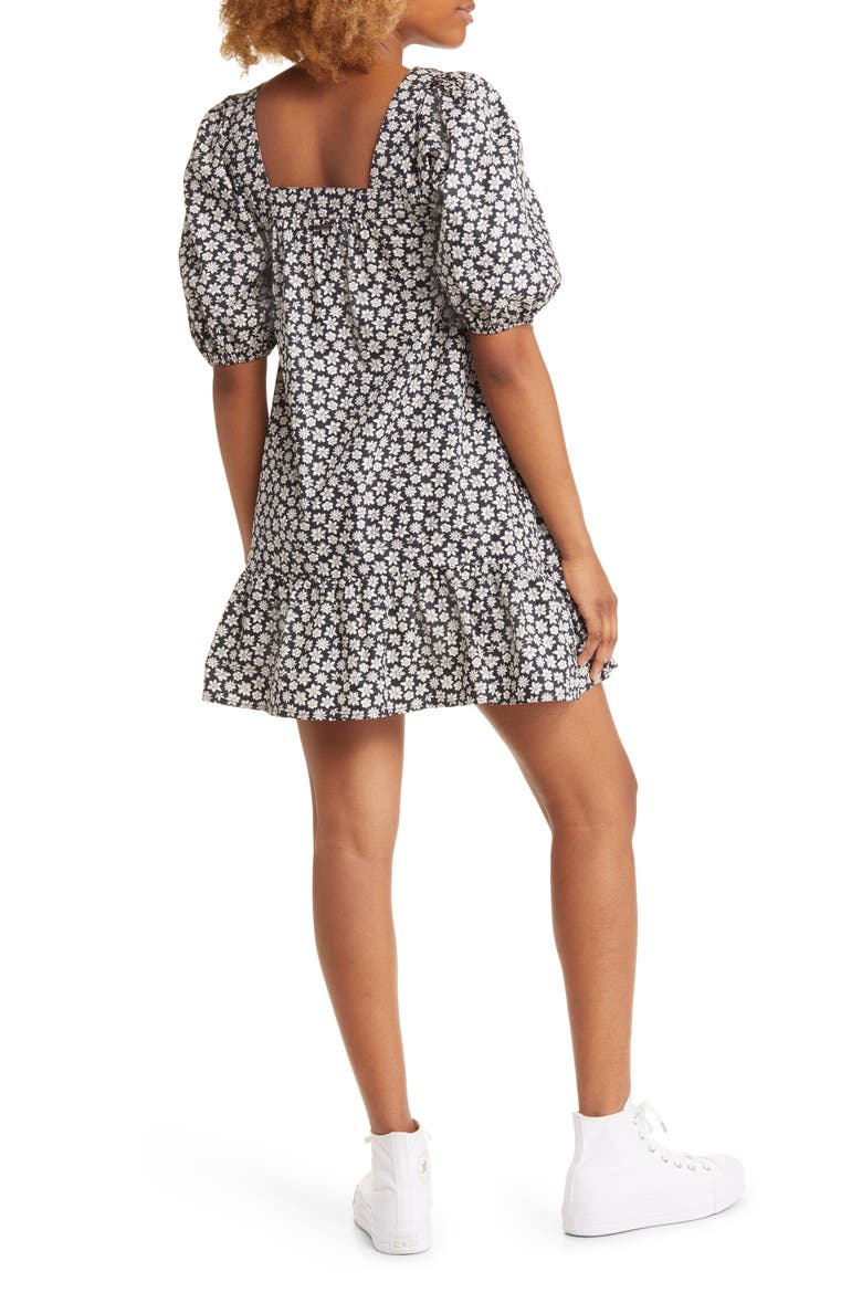 Flirty Mood Floral Puff Sleeve Cotton Dress, Alternate, color, BLACK