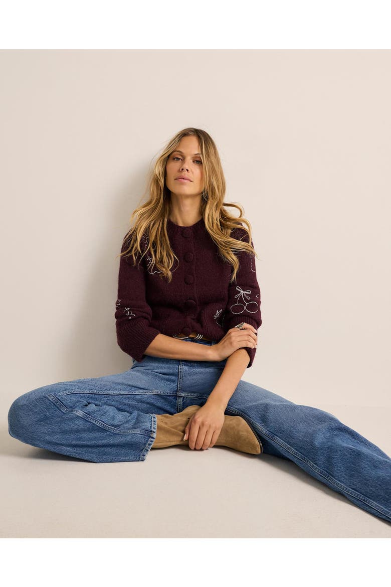 Embroidered Motif Knit Cardigan, Alternate, color, Burgundy