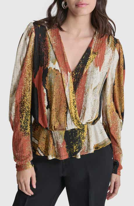DKNY Print Faux Wrap Peplum Top