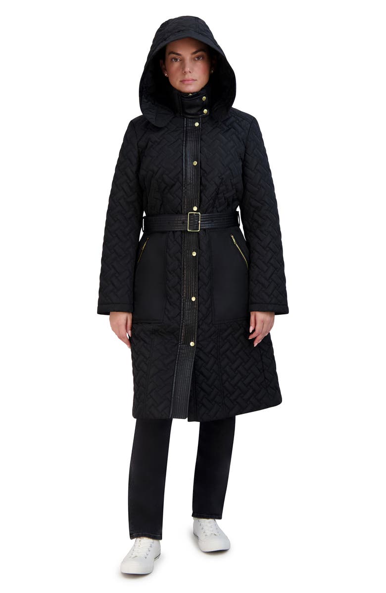 Cole Haan Leather Trim Hooded Quilted Coat, Alternate, color, Black